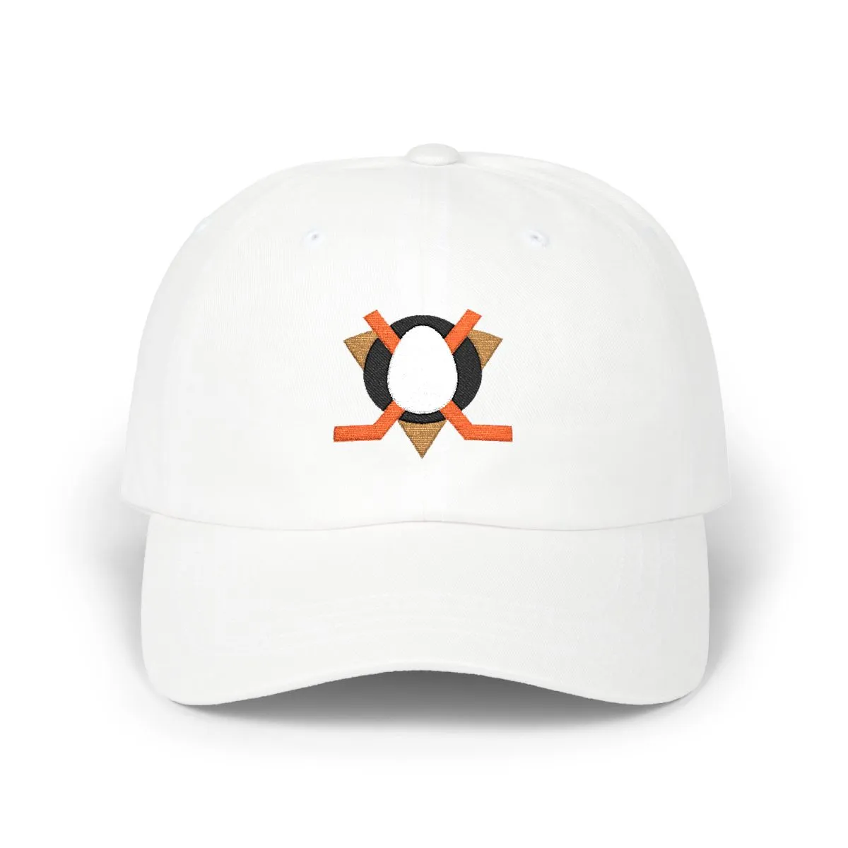 Anaheim Hockey embroidered dad cap in White, Black & Orange, front view