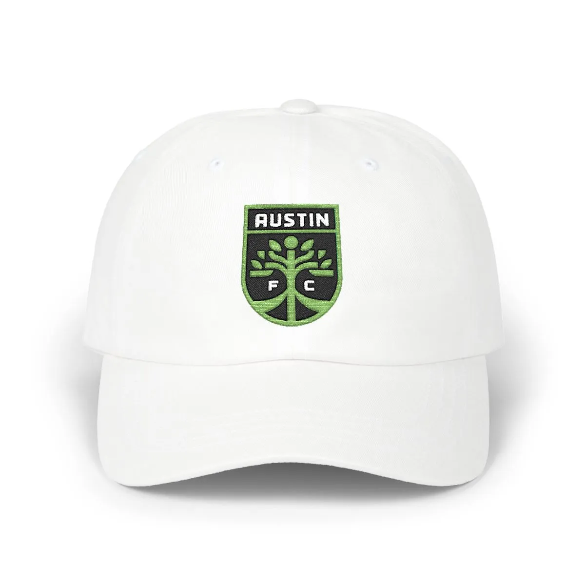 Austin Soccer embroidered dad cap in Black, Kiwi Green & White, front view