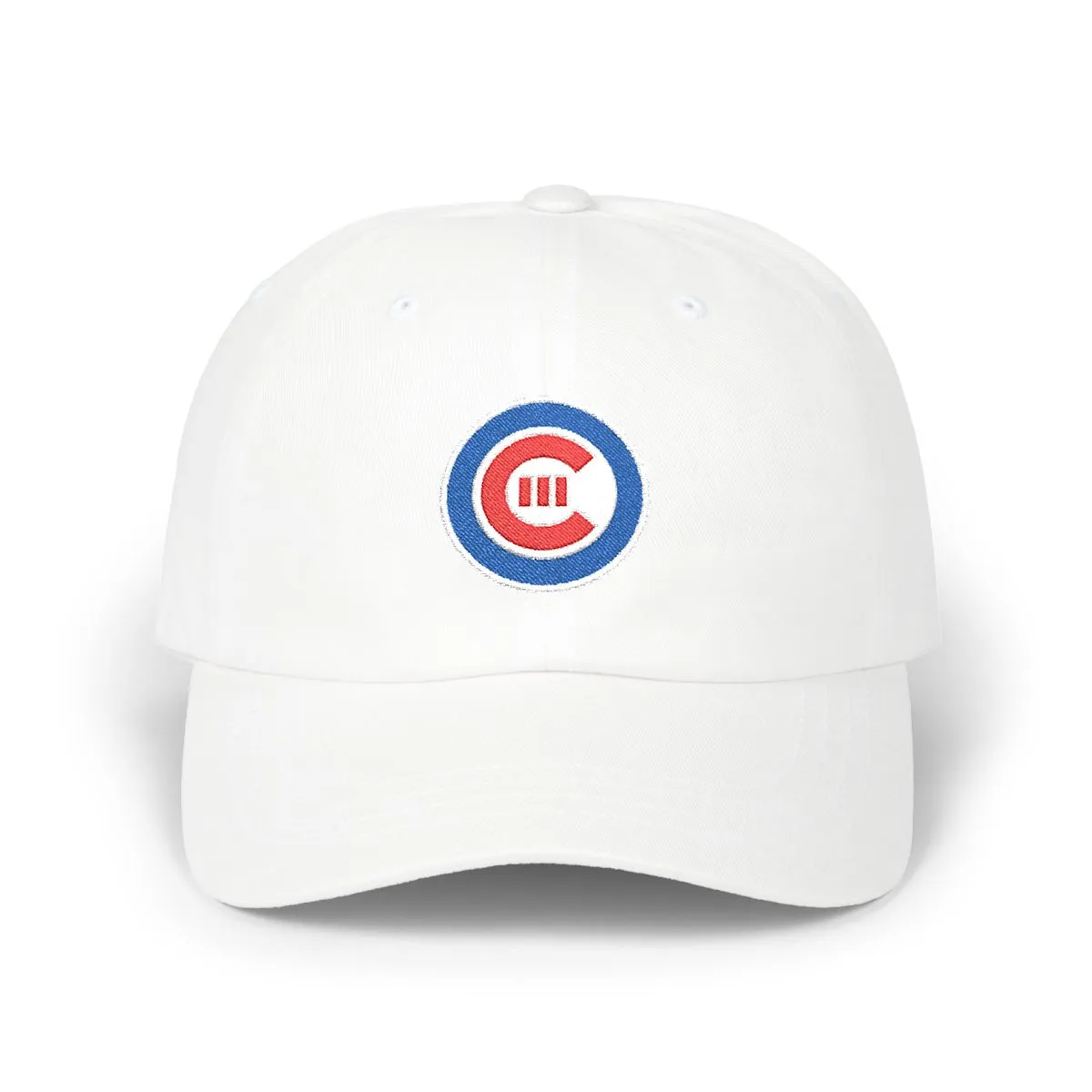 Chicago Baseball embroidered dad cap in Royal, White & Red, front view