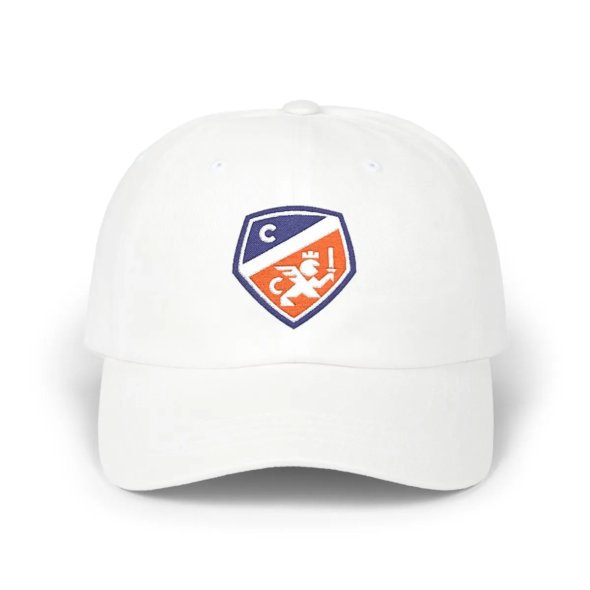 Cincinnati Soccer embroidered dad cap in White, Navy & Orange, front view