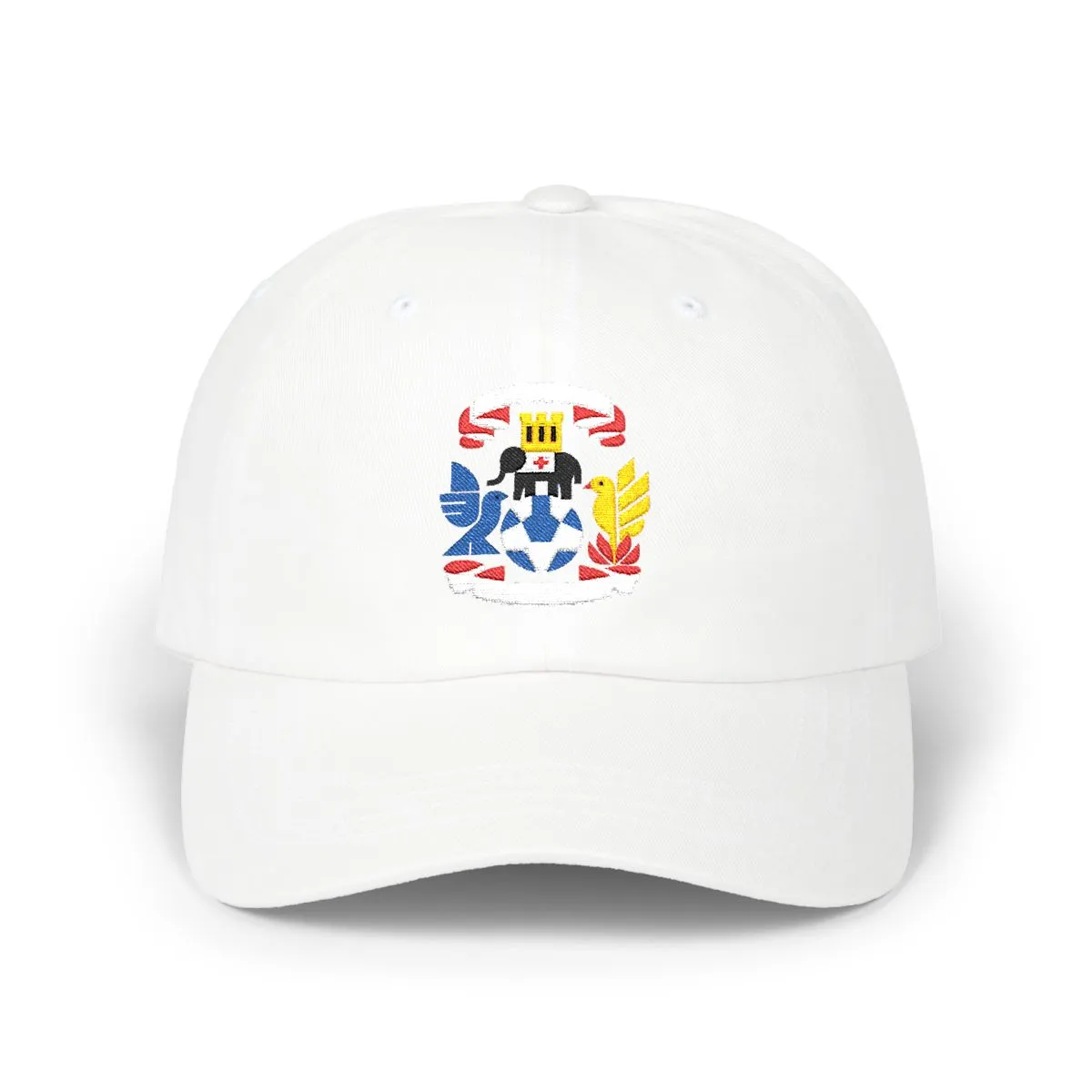 Coventry Soccer embroidered dad cap in White, Royal & Red, front view