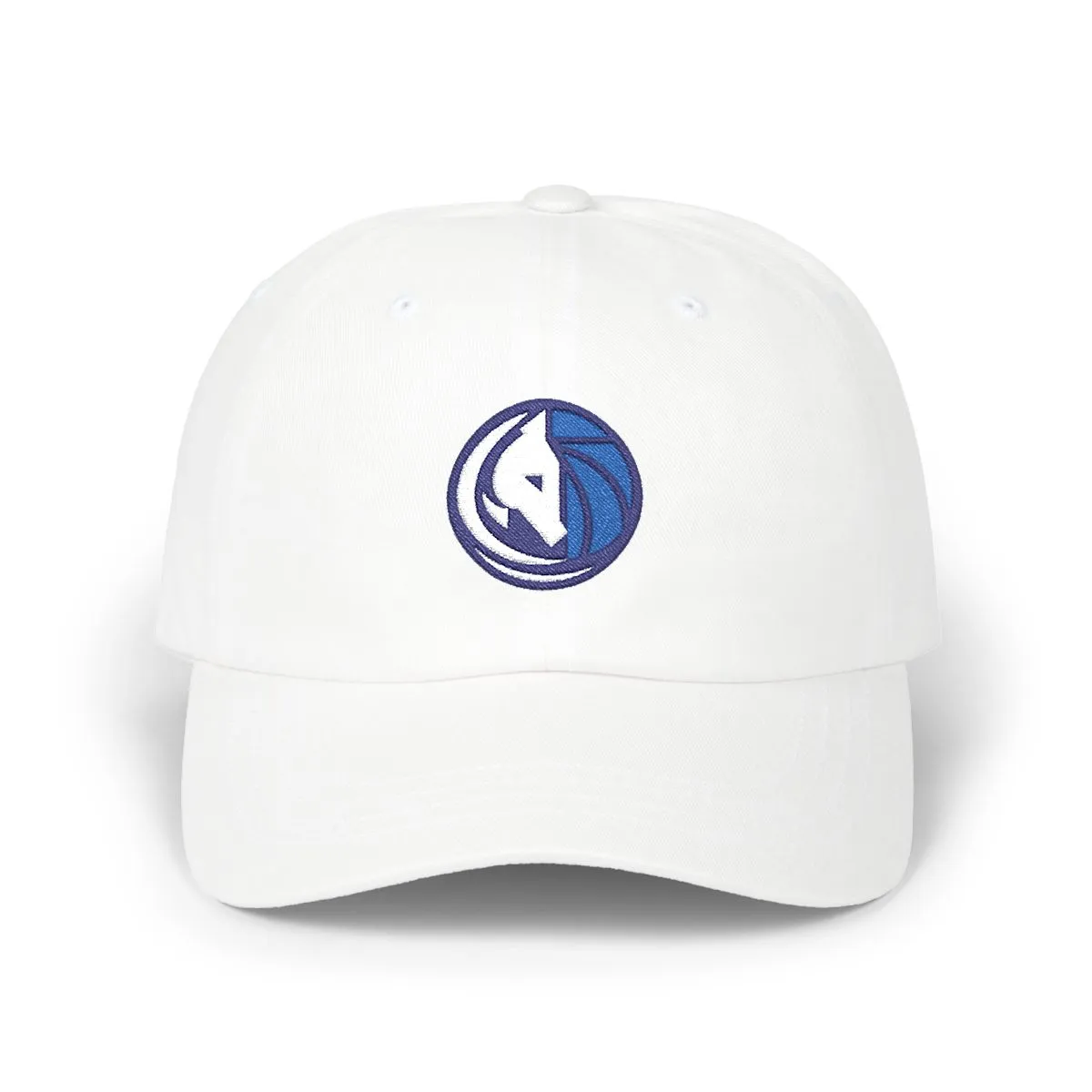 Dallas Basketball embroidered dad cap in Navy, White & Royal, front view