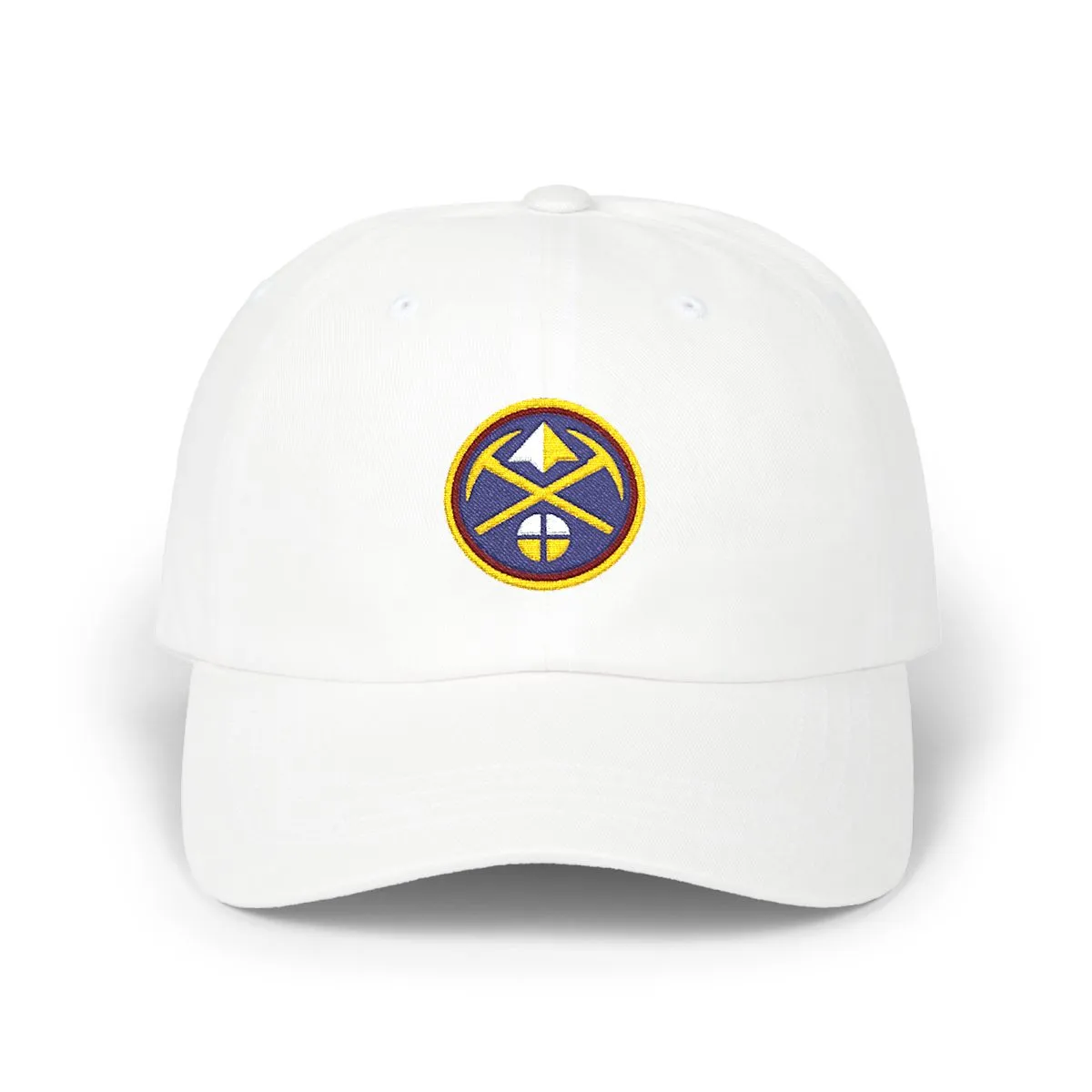 Denver Basketball embroidered dad cap in Navy, Gold & Maroon, front view