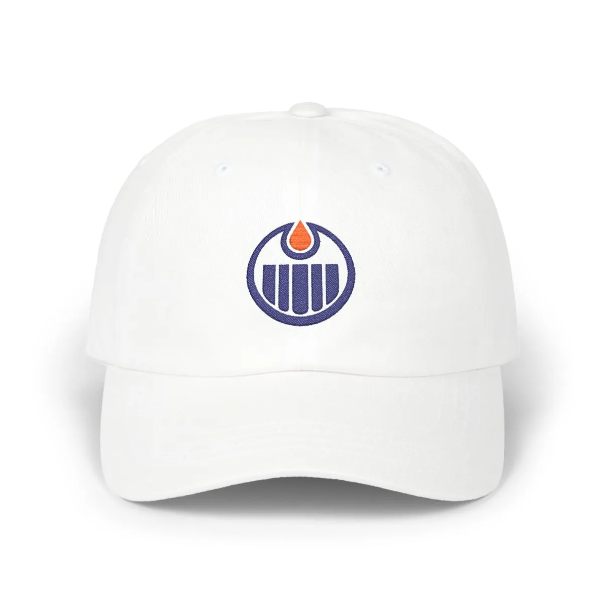 Edmonton Hockey embroidered dad cap in Navy & Orange, front view