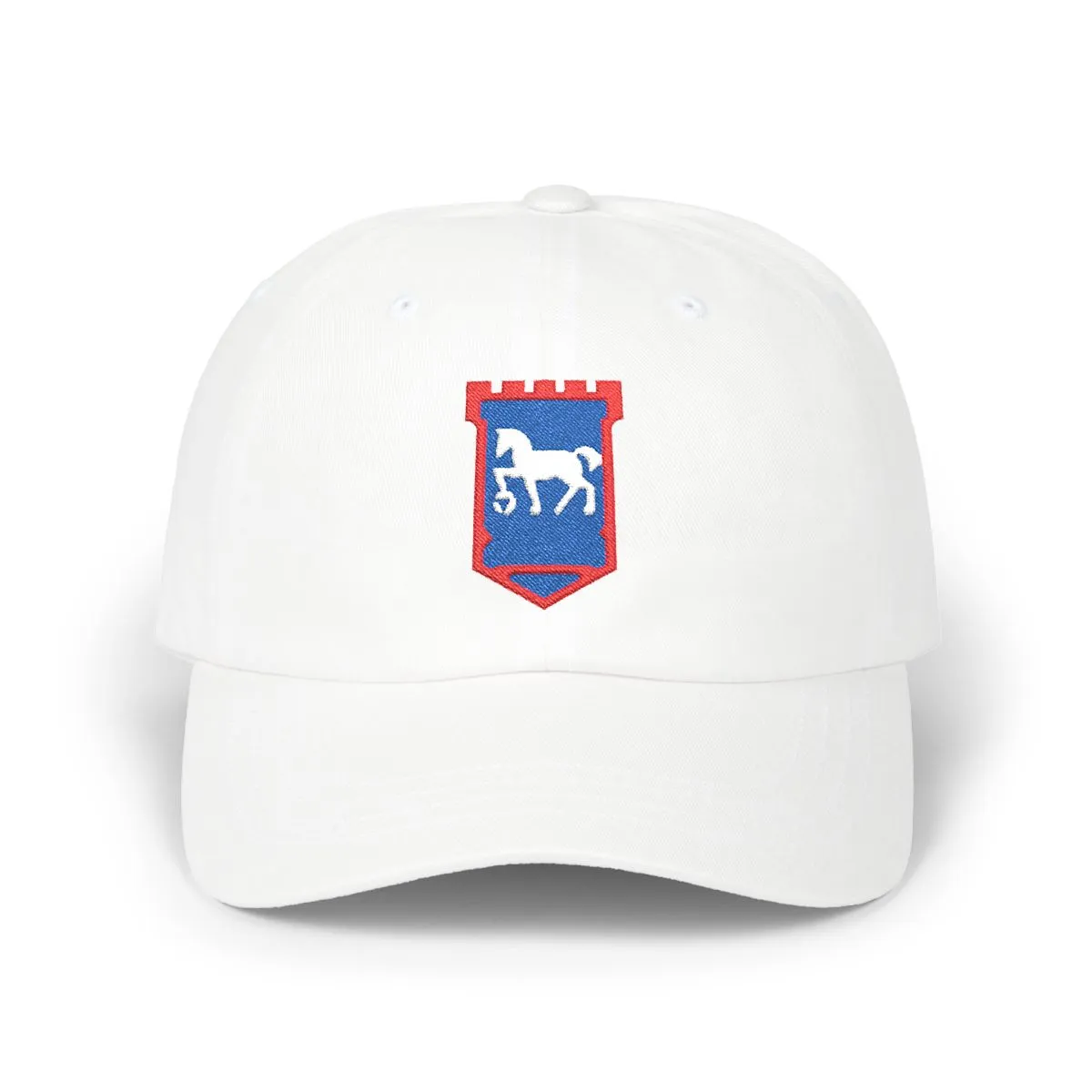 Ipswich Soccer embroidered dad cap in Royal, Red & White, front view
