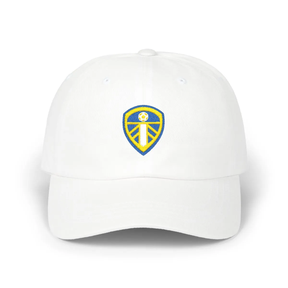 Leeds Soccer embroidered dad cap in Royal, Gold & White, front view