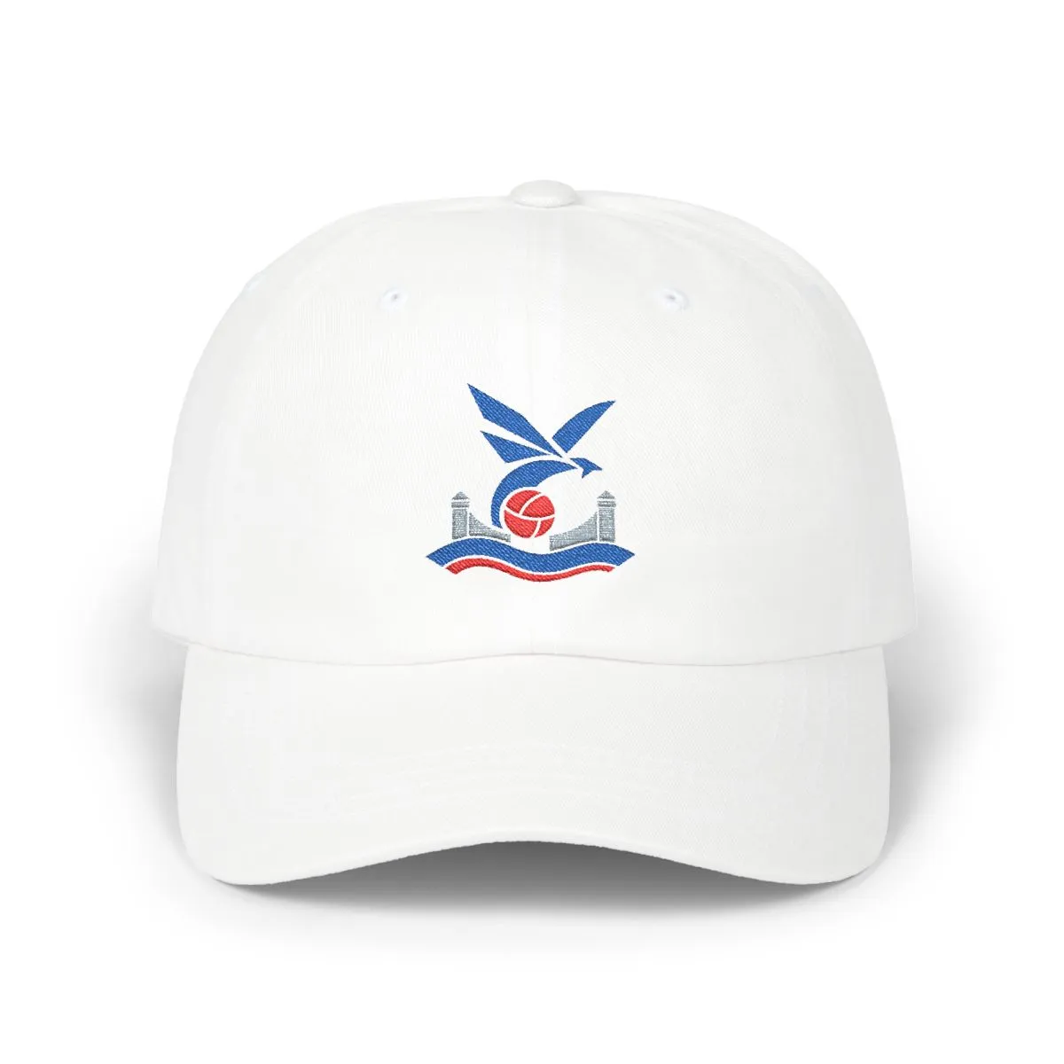 London Soccer embroidered dad cap in Royal, Red & Grey, front view