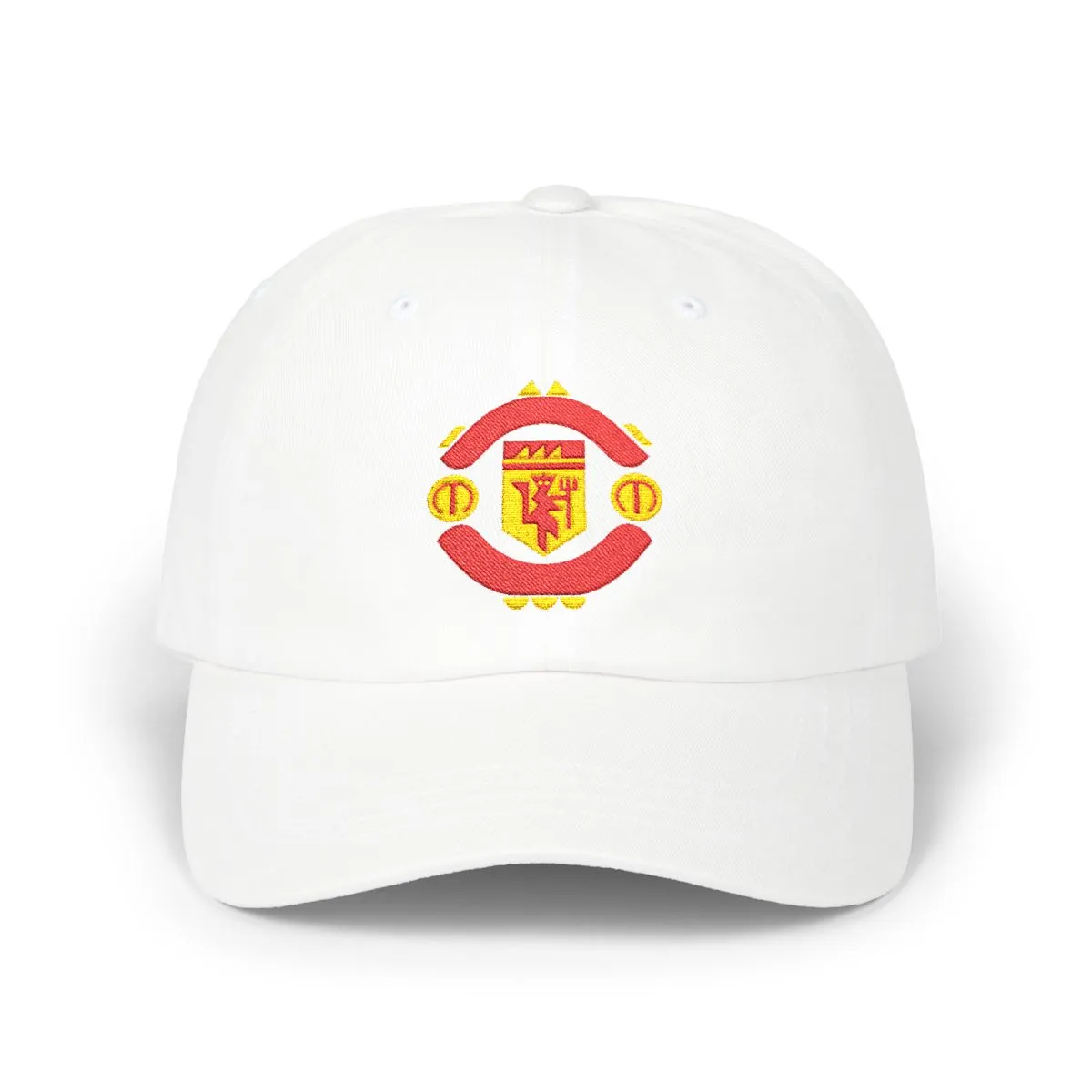 Manchester Soccer embroidered dad cap in Red, Gold & Orange, front view