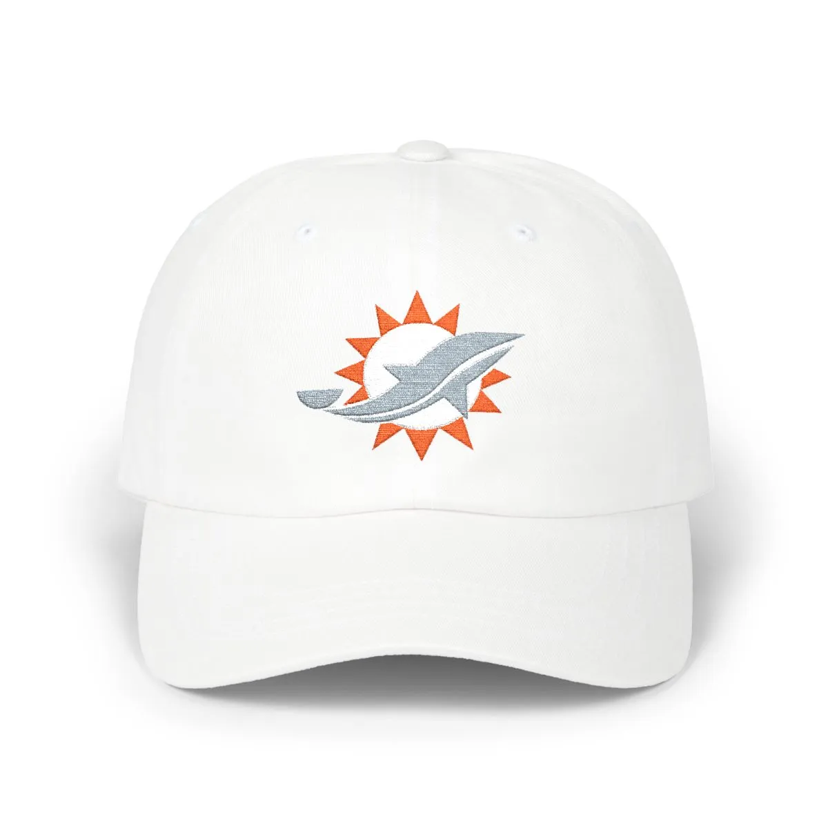 Miami Football embroidered dad cap in Grey, White & Orange, front view