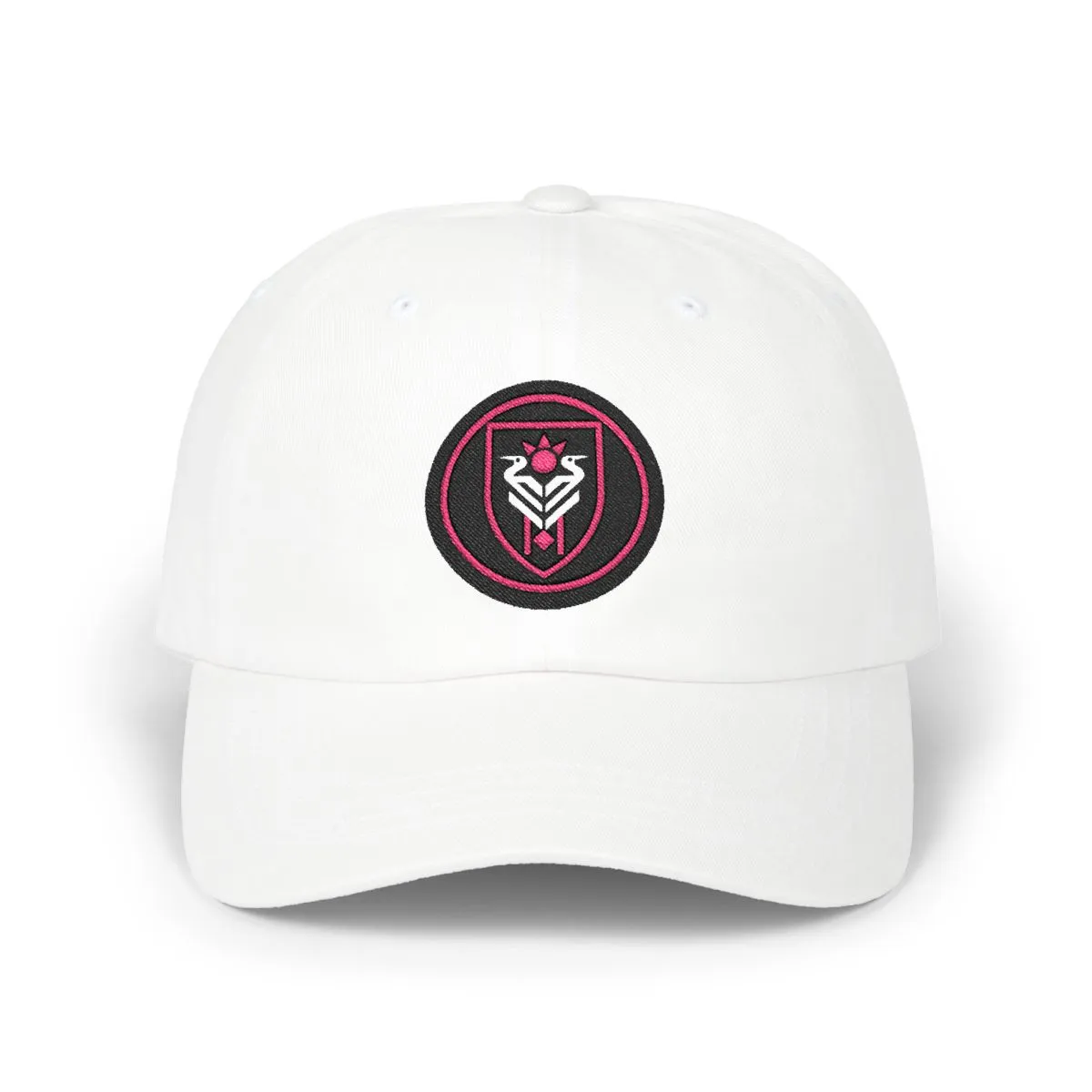 Miami Soccer embroidered dad cap in Black & Flamingo, front view