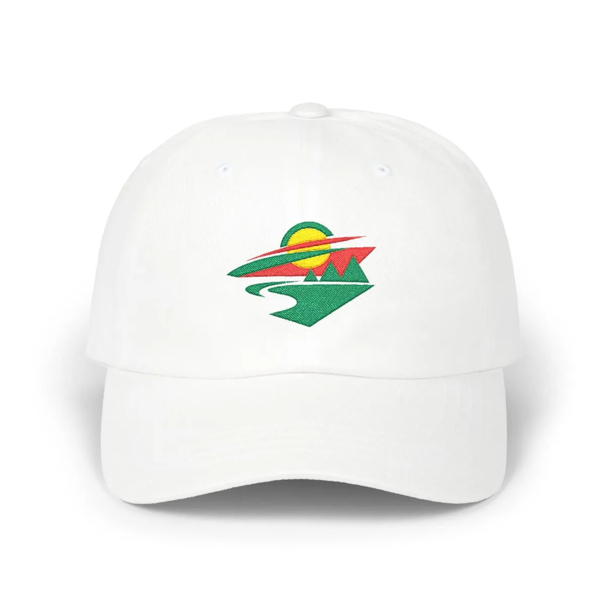 Minnesota Hockey embroidered dad cap in Kelly Green, Red & Gold, front view