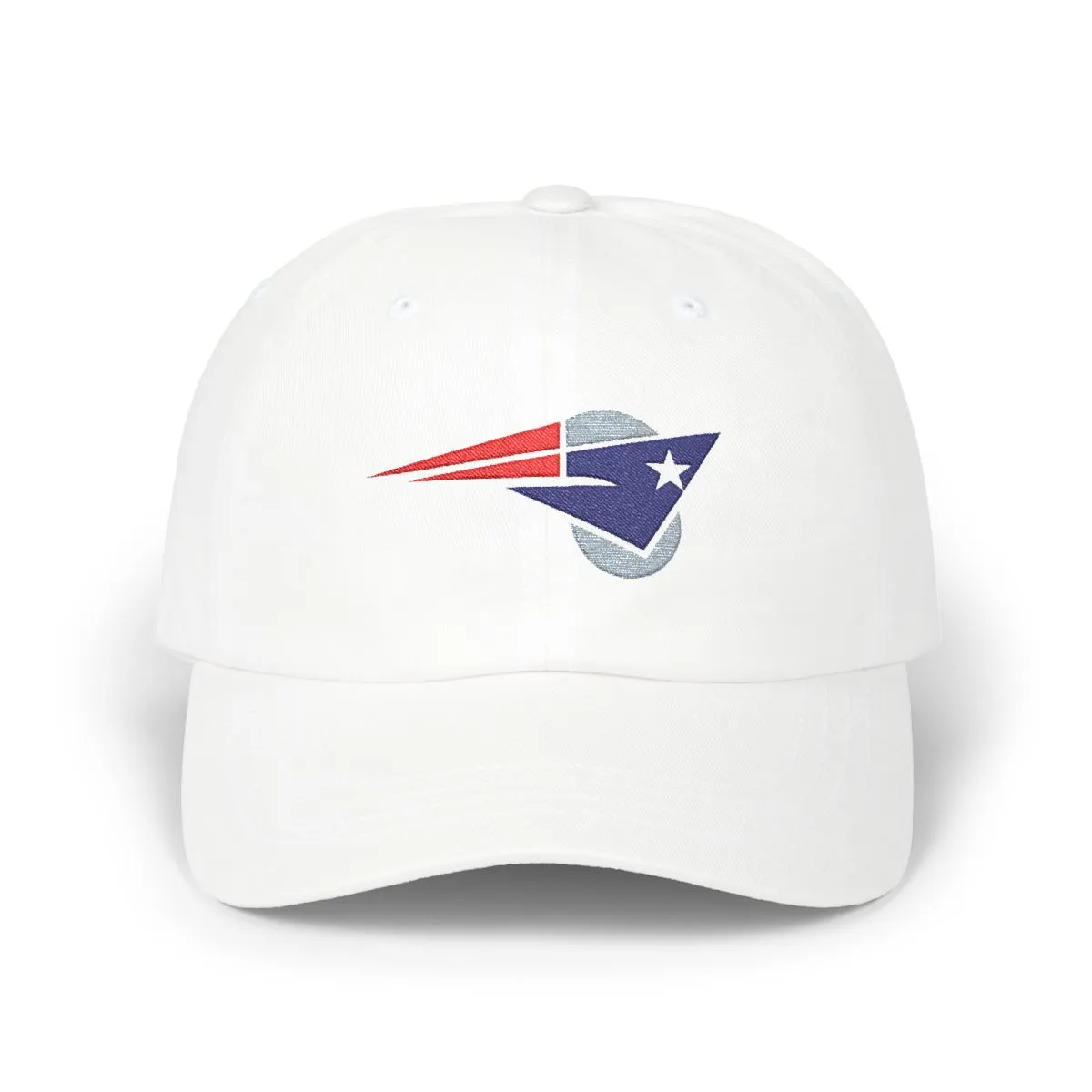 New England Football embroidered dad cap in Navy, Grey & Red, front view