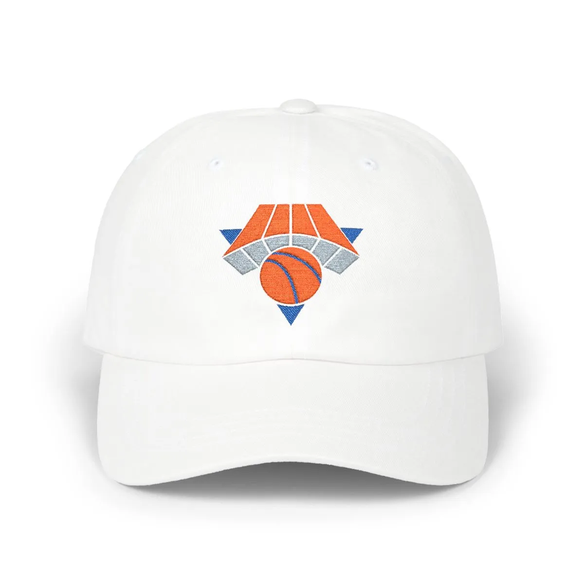 New York Basketball embroidered dad cap in Orange, Grey & Royal, front view