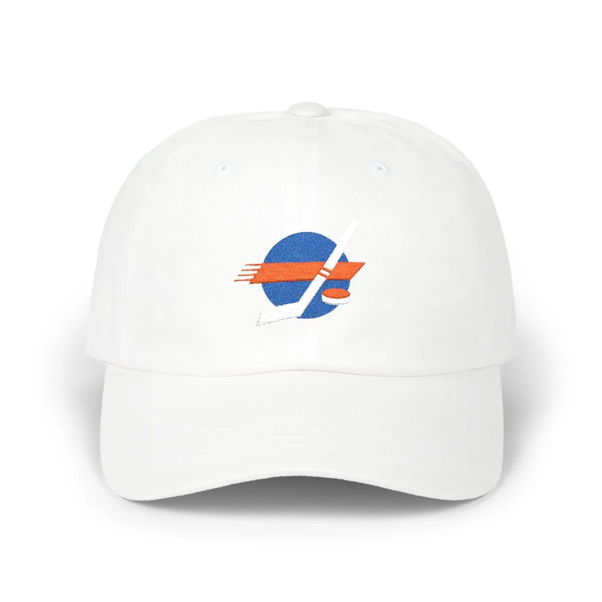 New York Hockey embroidered dad cap in Royal, Orange & White, front view