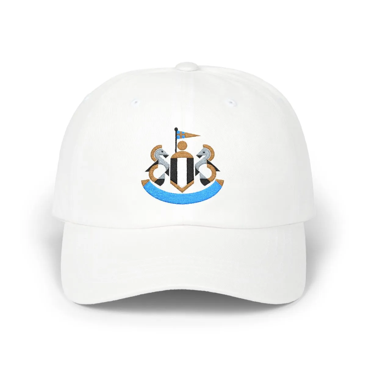 Newcastle Soccer embroidered dad cap in Aqua, Old Gold & Black, front view