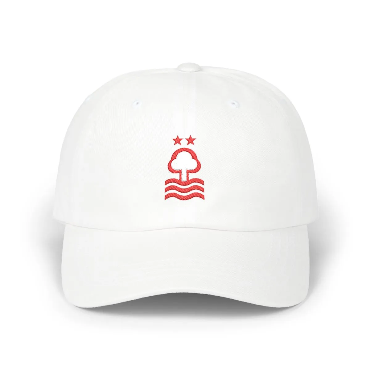 Nottingham Soccer embroidered dad cap in Red & White, front view