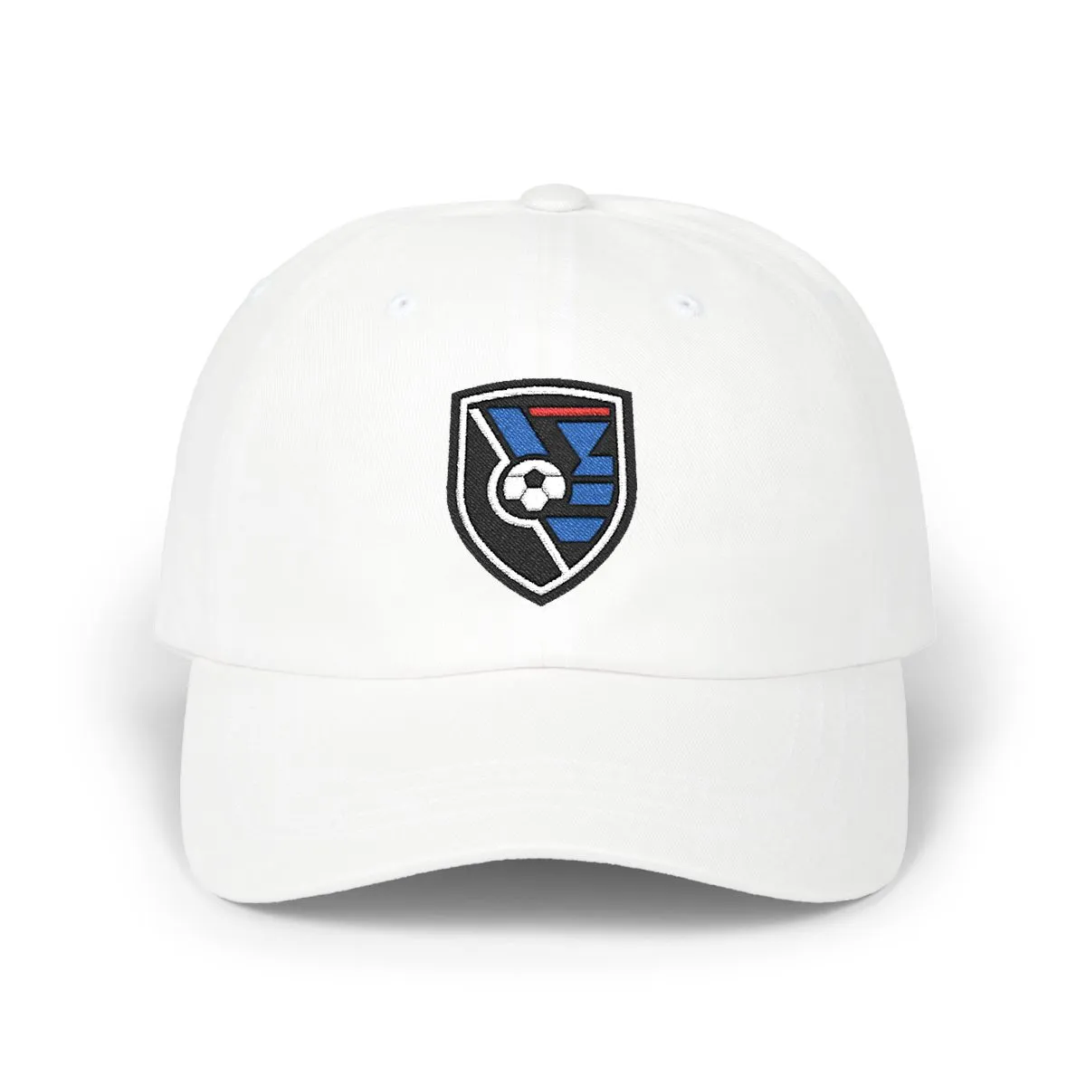 San Jose Soccer embroidered dad cap in Black, White & Royal, front view