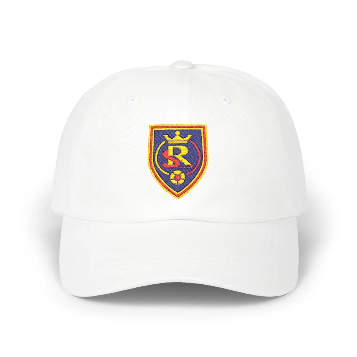 Utah Soccer embroidered dad cap in Navy, Gold & Red, front view